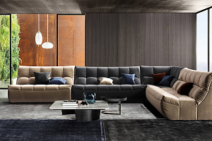 Современный бескаркасный диван ДеИтали бежевого и черного цвета в гостиной